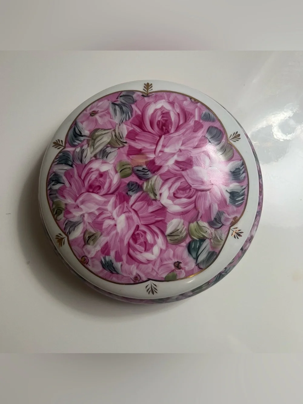 Formalities by Baum Bros Hand Painted Floral Porcelain Trinket Box Gold Trim
